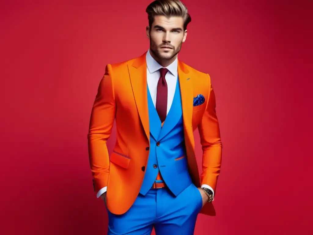 Modelo masculino de moda con traje de color vibrante y fondo minimalista