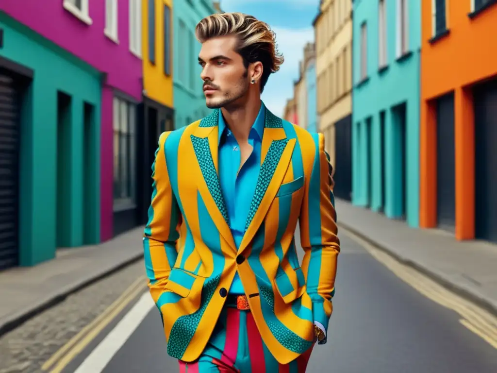 Tendencias moda masculina actual: modelo masculino en la ciudad con blazer retro, colores vibrantes y pantalones anchos