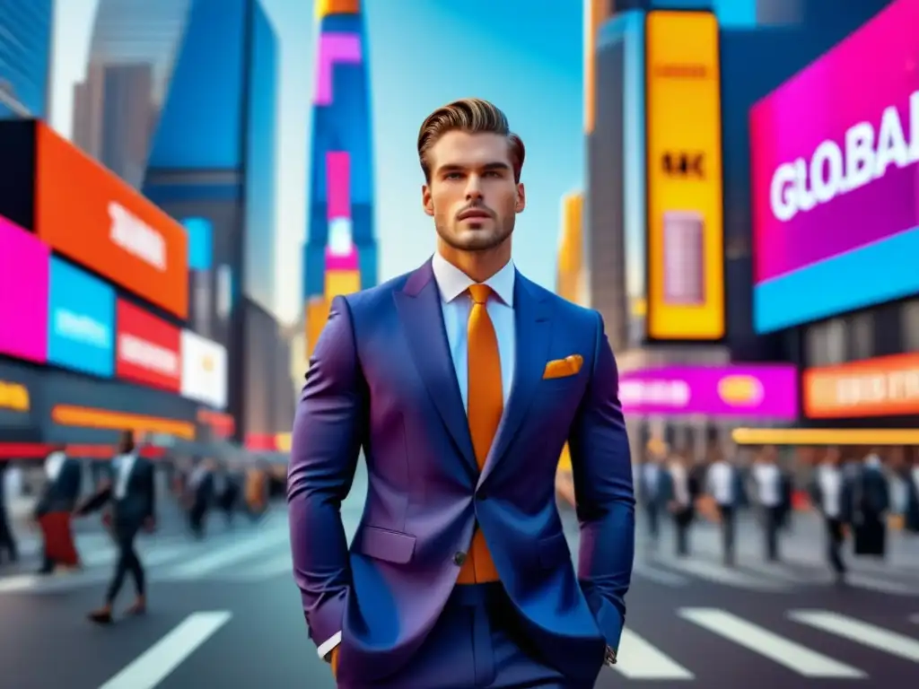 Tendencias globales estilo masculino en una imagen urbana con un modelo en traje vibrante y confiado rodeado de anuncios y rascacielos