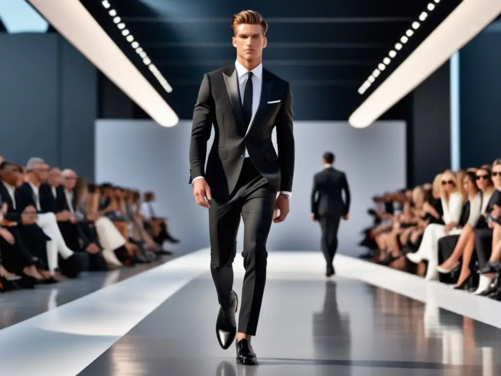 Iconos de estilo masculino moderno, modelo de moda masculina en una pasarela futurista con traje negro ajustado y actitud segura