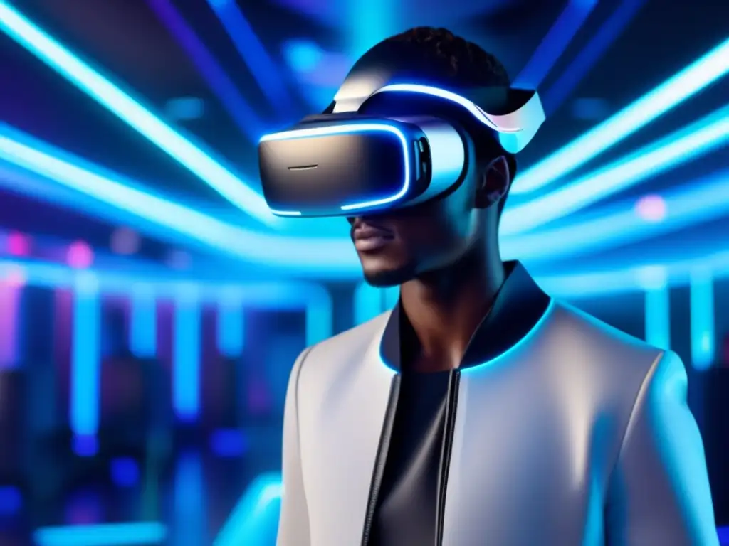 Combinación perfecta realidad virtual moda hombres: modelo masculino con auriculares y ropa futurista en entorno de alta tecnología