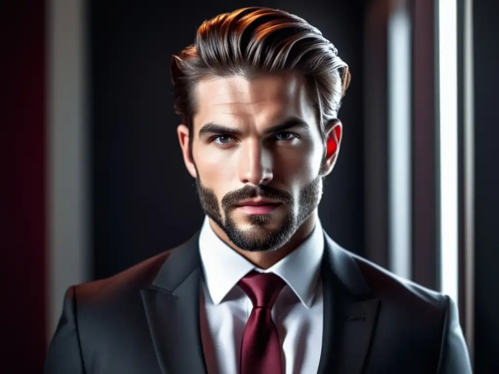 Tendencias moda masculina terror - Modelo masculino elegante, misterioso y aterrador en traje negro, camisa blanca y corbata roja