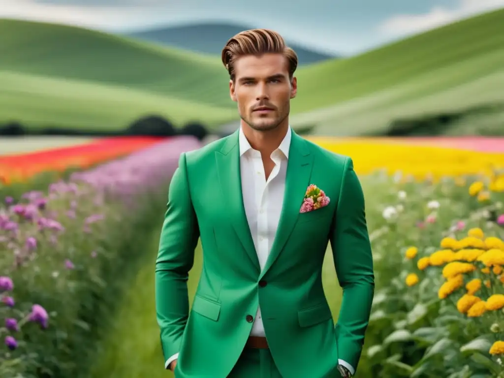 Ropa masculina sostenible y calidad: modelo masculino de alta calidad en campo verde rodeado de flores vibrantes