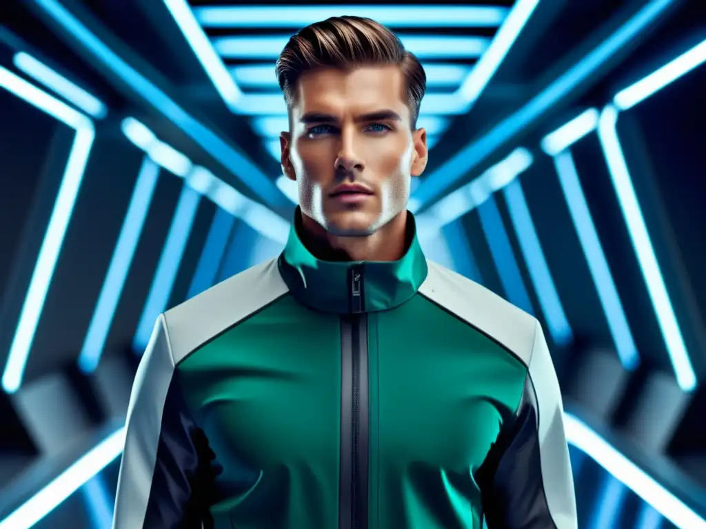 Tendencias moda masculina ropa técnica: Modelo masculino moderno con atuendo técnico de vanguardia, destacando colores vibrantes y detalles intrincados