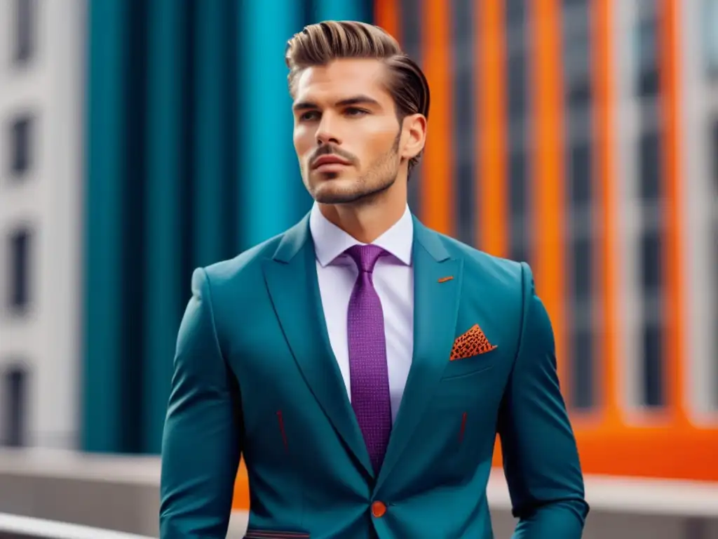 Tendencias moda masculina 2021: Modelo moderno y elegante en traje ajustado, con estampados sutiles y colores llamativos, urbano y sofisticado, accesorios a la moda