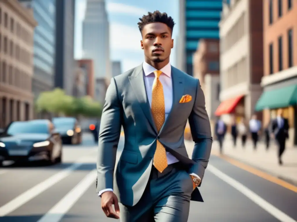 Estrategias de posicionamiento moda masculina: modelo de moda masculino con traje elegante caminando por la ciudad