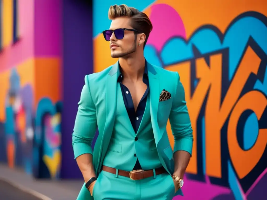 Modelo masculino moderno con outfit a la moda, fondo urbano vibrante