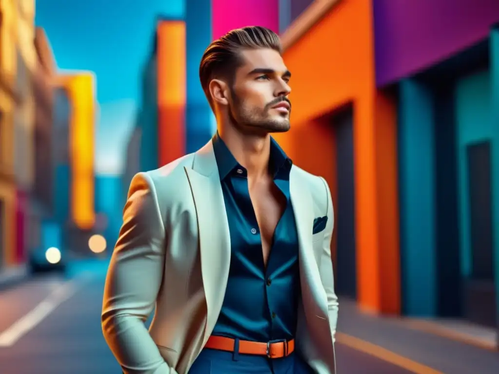 Modelo masculino en atuendo de moda, urbano y vibrante