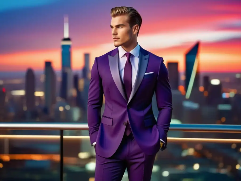 Influencia publicidad en moda masculina, modelo en traje de colores llamativos frente a ciudad iluminada al atardecer