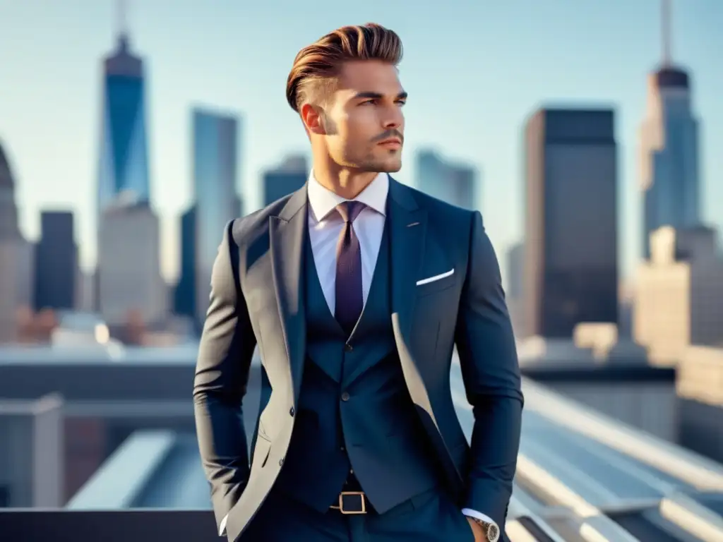 Modelo masculino moderno en terraza urbana, trajes elegantes, ciudad iluminada, cambio de estilo masculino vida