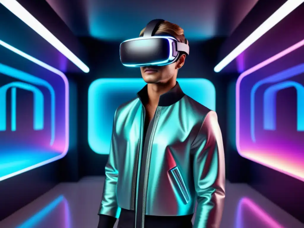 Influencia realidad virtual moda masculina: modelo interactúa gafas realidad virtual, ambiente futurista moda digital