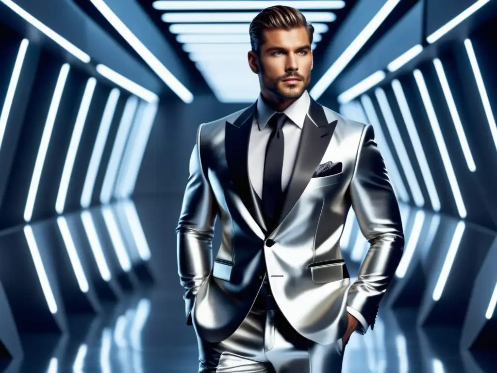 Beneficios del color plata en moda masculina: modelo elegante y moderno usando traje plateado, fondo futurista