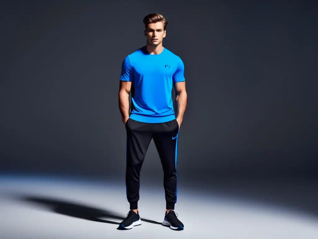 Tendencias materiales deportivos hombre; modelo masculino en ropa deportiva innovadora, destacando la fusión de deporte y moda