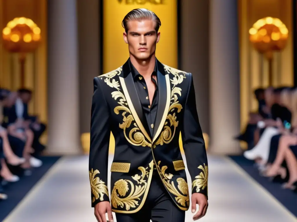 Desfile moda masculina Versace, traje negro con bordados dorados, camisa seda y logotipo, reflejando audacia y empoderamiento