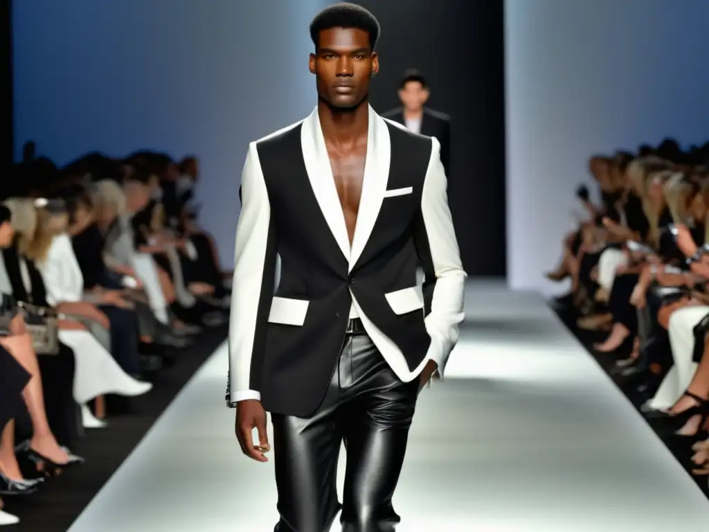 Modelo masculino en desfile de moda con look minimalista de los 90 - Tendencias moda masculina años 90