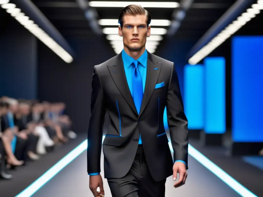 Tendencias moda masculina Prada: modelo desfila en pasarela futurista con traje negro y corbata azul eléctrico