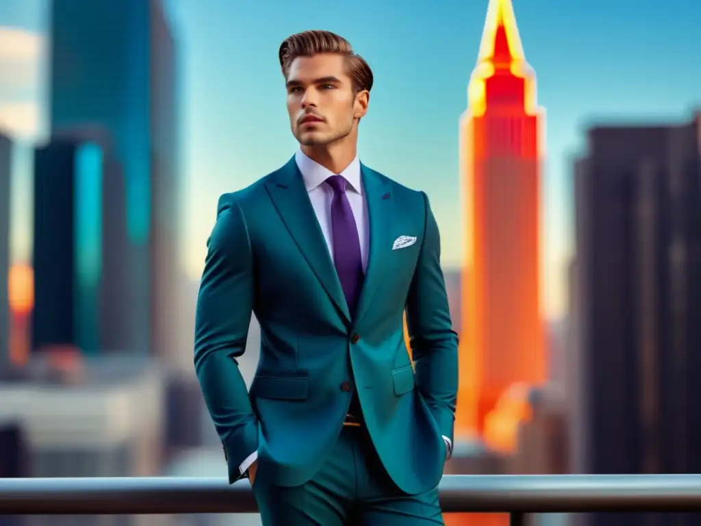 Estilo personal moda masculina: modelo masculino elegante y seguro de sí mismo, vistiendo un traje a medida en un entorno urbano vibrante