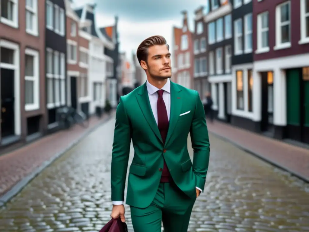 Hombre en traje moderno caminando en Amsterdam, resalta la moda masculina y tendencias en Países Bajos