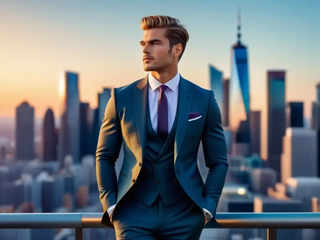 Fotografía de moda masculina destacada: modelo elegante frente a la ciudad, luciendo un traje perfectamente confeccionado