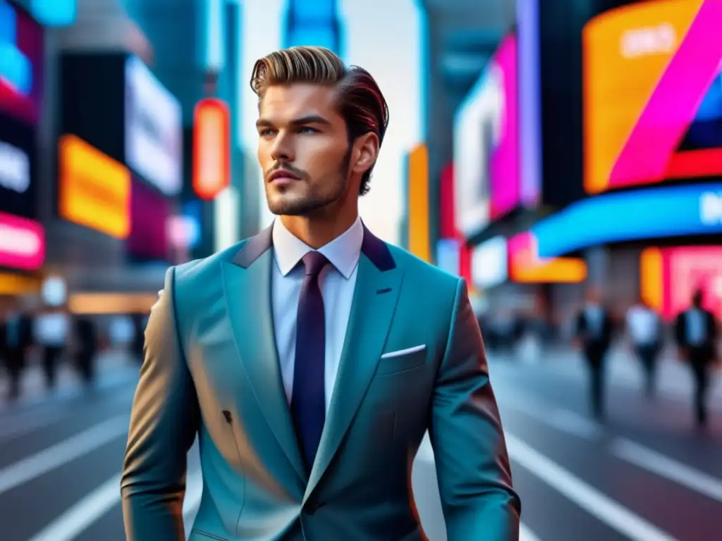 Publicidad digital moda masculina revolucionada: Modelo elegante en la ciudad