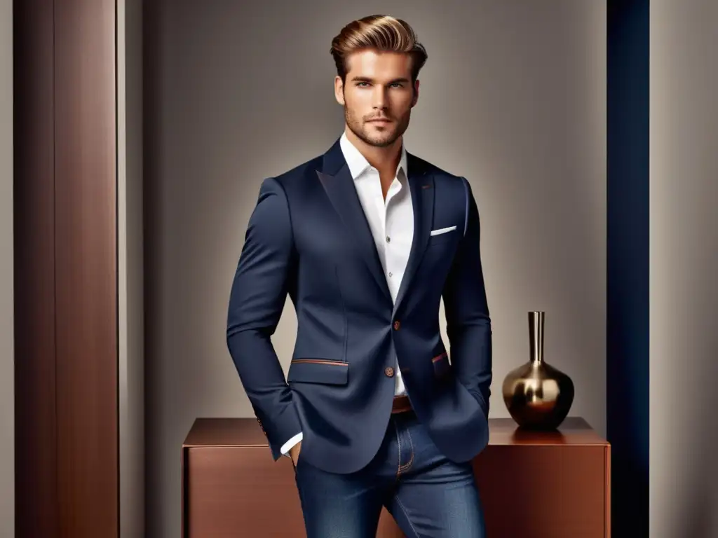 Outfits masculinos renovados con estilo - Modelo masculino frente a un armario moderno, con ropa de alta calidad y atemporal