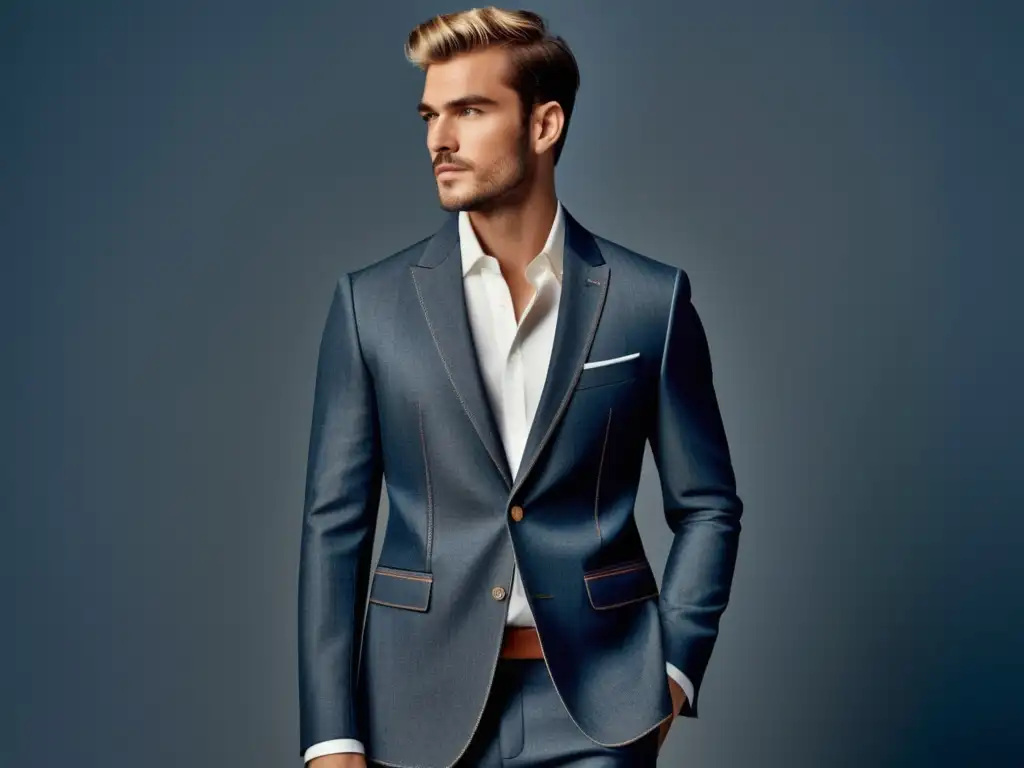 Modelo masculino con atuendo sostenible y elegante, promoviendo el consumo responsable en moda masculina