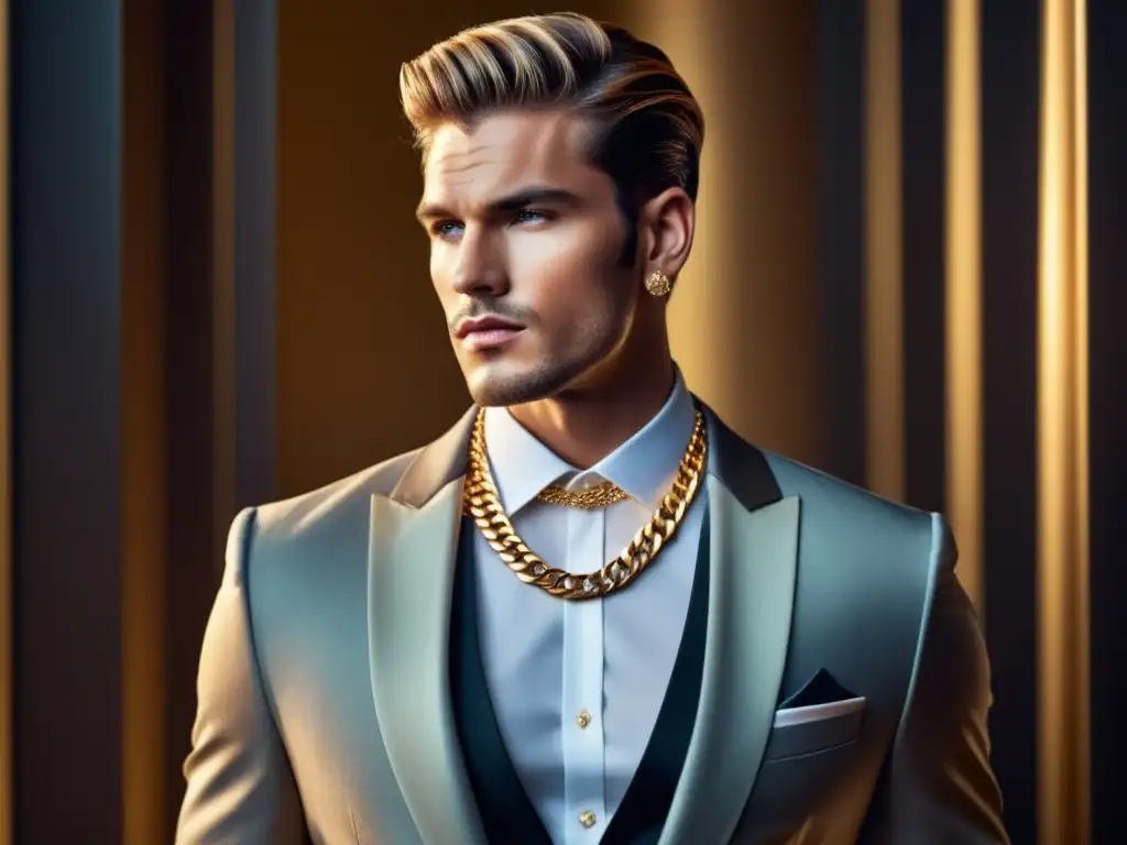 Tendencia cadenas oro hombres: modelo masculino elegante con cadena dorada, traje a medida y fondo minimalista