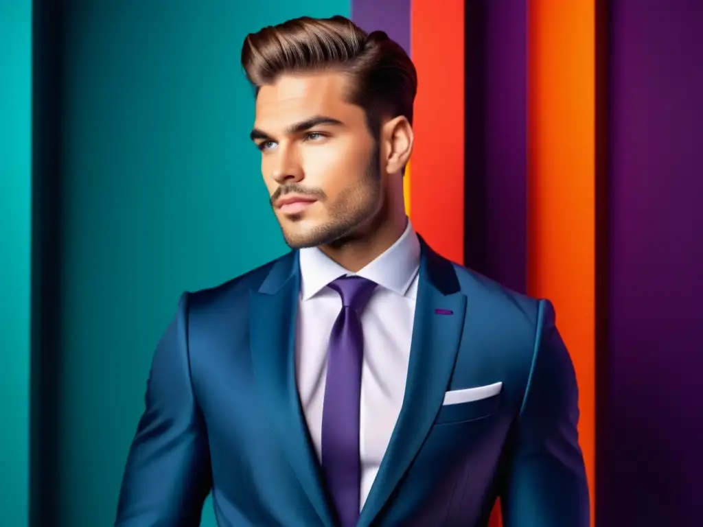 Modelo masculino bien arreglado con expresión de confianza frente a un fondo moderno con colores vibrantes