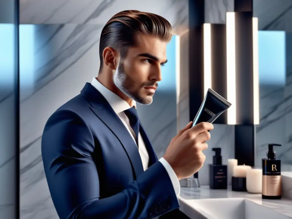 Modelo masculino en traje, afeitado y cuidado facial con estilo - Tendencias moda belleza masculina