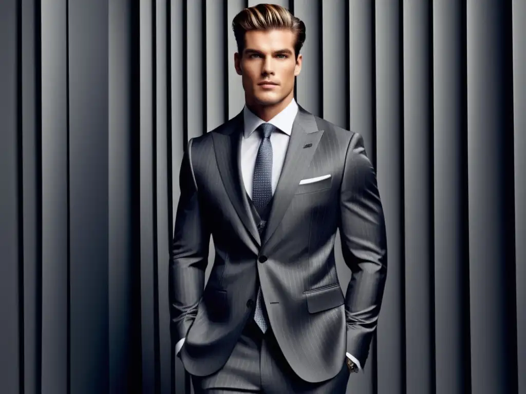 Modelo masculino con traje de rayas grises, elegante y moderno, resaltando la importancia de las rayas en moda masculina