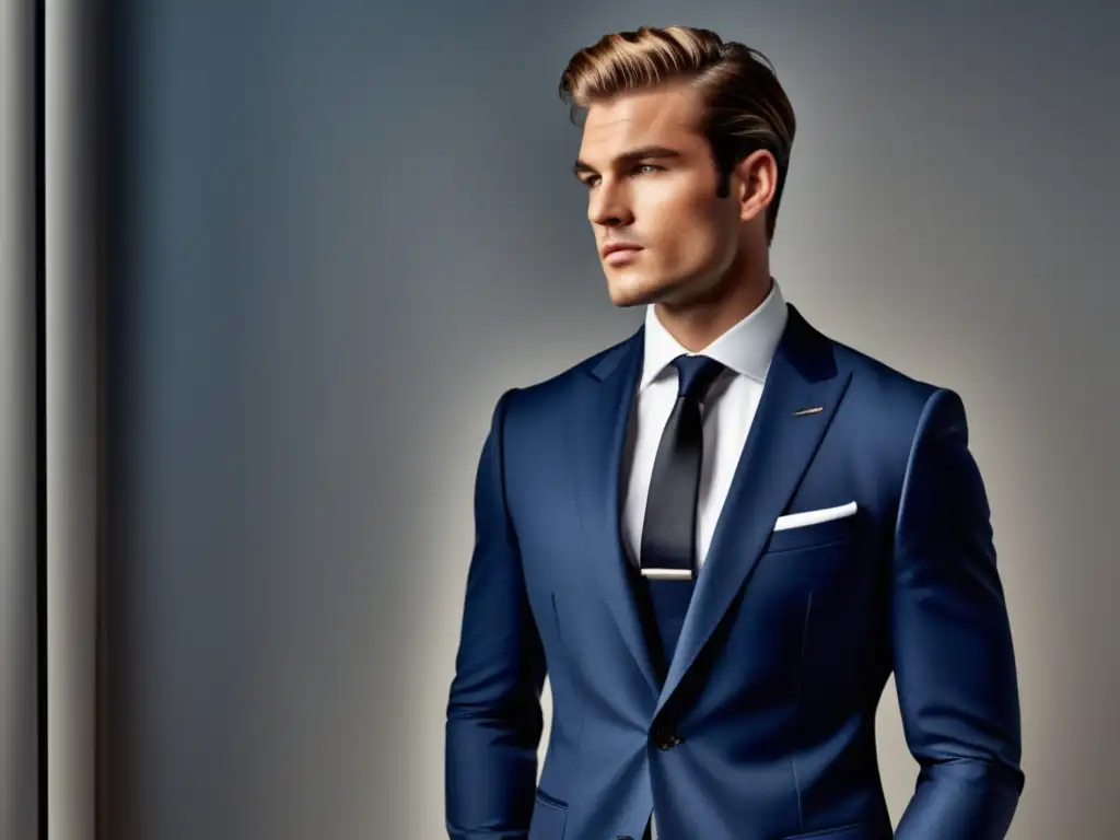 Hombre elegante con traje azul marino y accesorios, guía de combinación de outfit para hombres