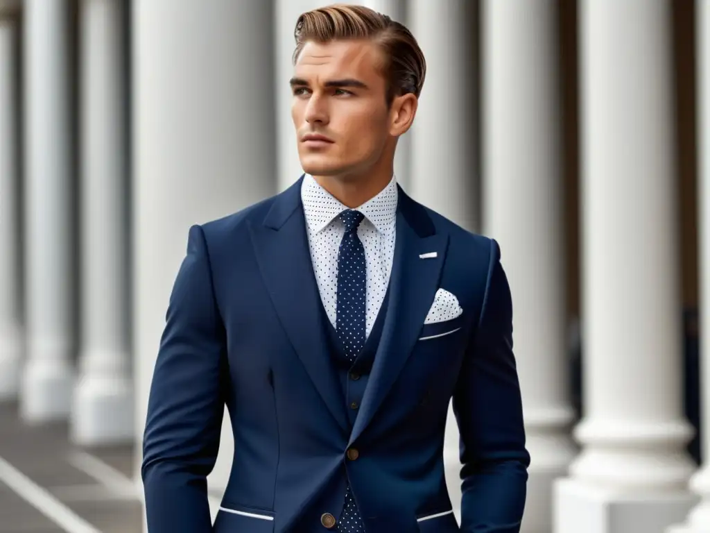 Modelo masculino elegante con traje azul marino de lunares blancos, resaltando la importancia del diseño en la moda masculina - 110 caracteres