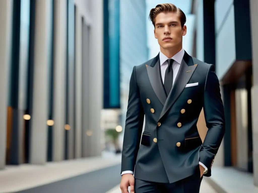 Tendencias moda masculina Prada: modelo masculino bien vestido con traje Prada en entorno urbano moderno