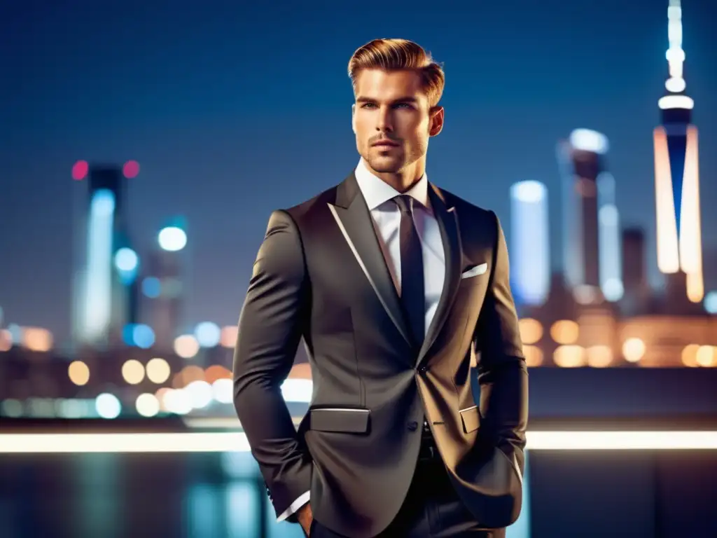 Model masculino elegante con traje moderno, fondo urbano