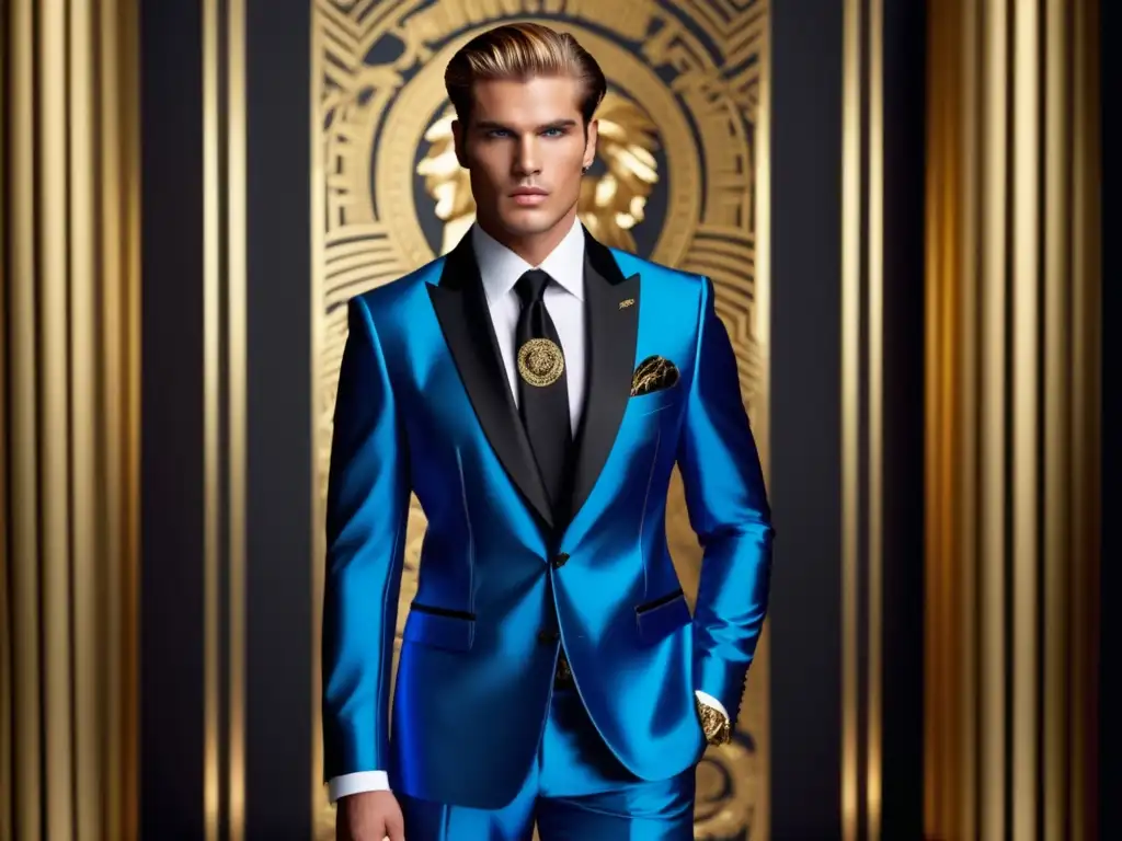 Modelo masculino elegante con traje Versace inspirado en 