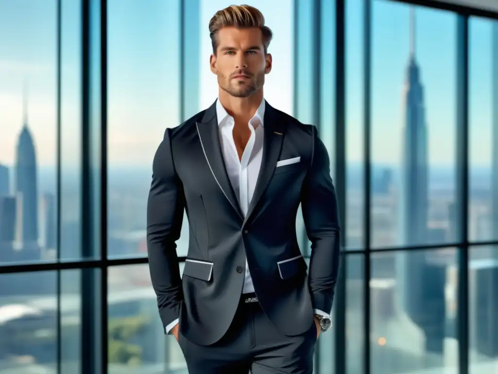 Consejos de estilo activewear masculino: modelo elegante en una oficina moderna con vista panorámica, luciendo un traje activo ajustado y sofisticado