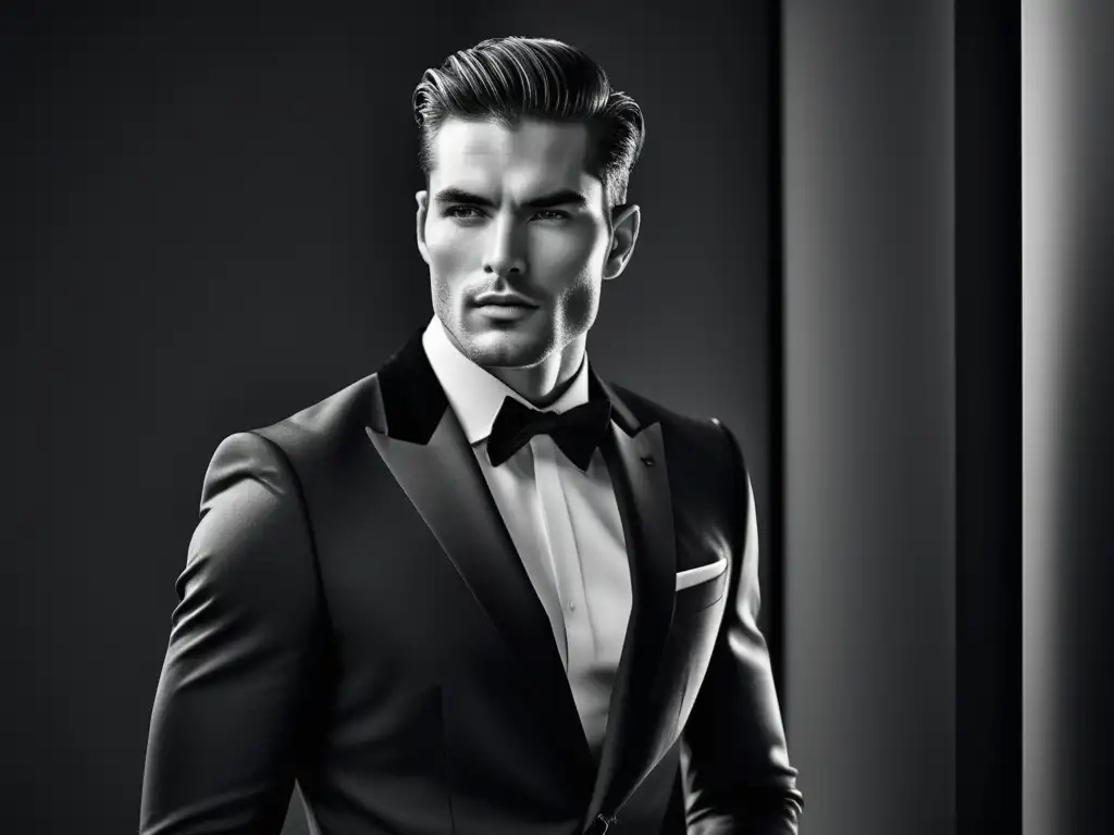 Fotografía moda masculina blanco negro: Modelo elegante en traje negro y blanco, fondo minimalista