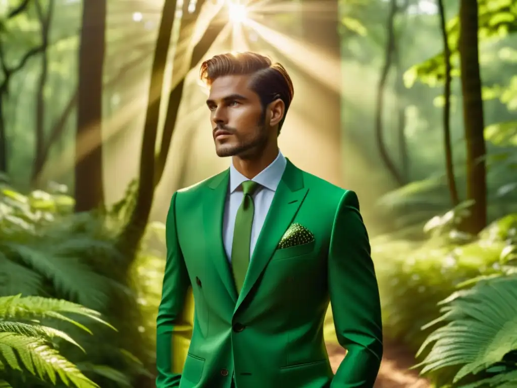 Modelo masculino destaca con elegante traje sostenible en exuberante bosque, resaltando importancia de materiales sostenibles en moda masculina