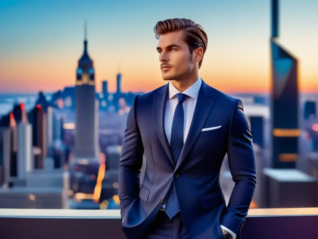 Fotografía moda masculina: modelo elegante en ciudad al atardecer