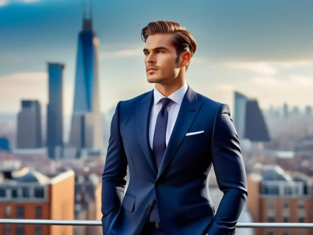 Moda masculina: reflejo personalidad - Modelo elegante con traje azul marino en una ciudad vibrante