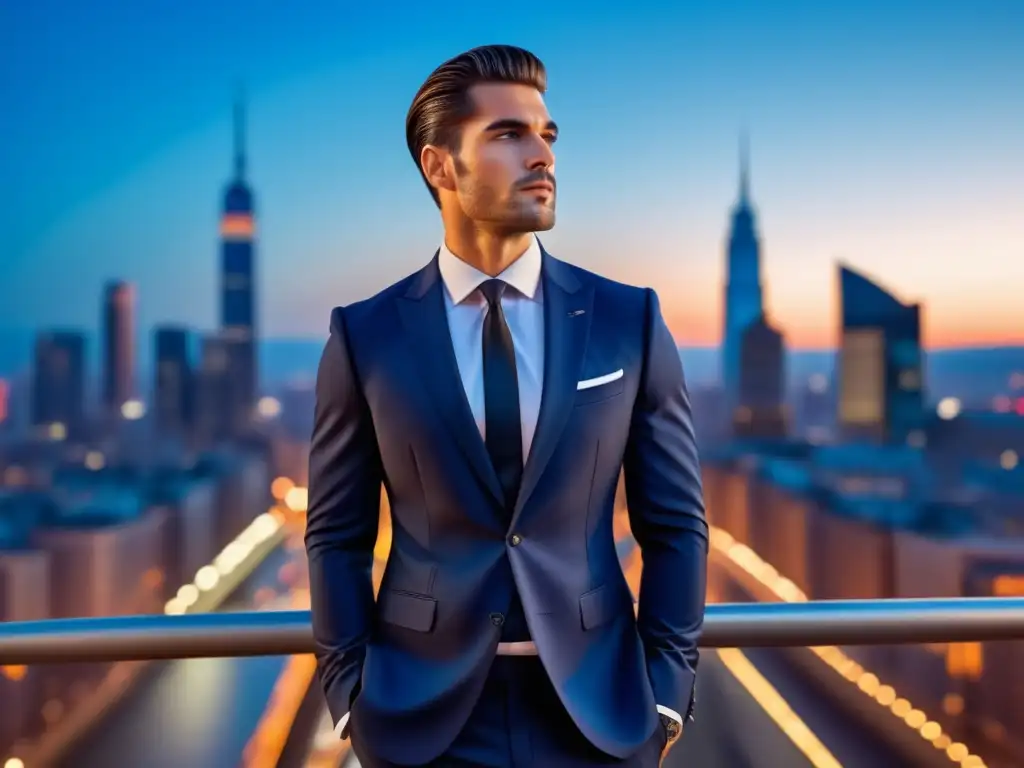 Moda masculina: modelo elegante en una ciudad vibrante al atardecer