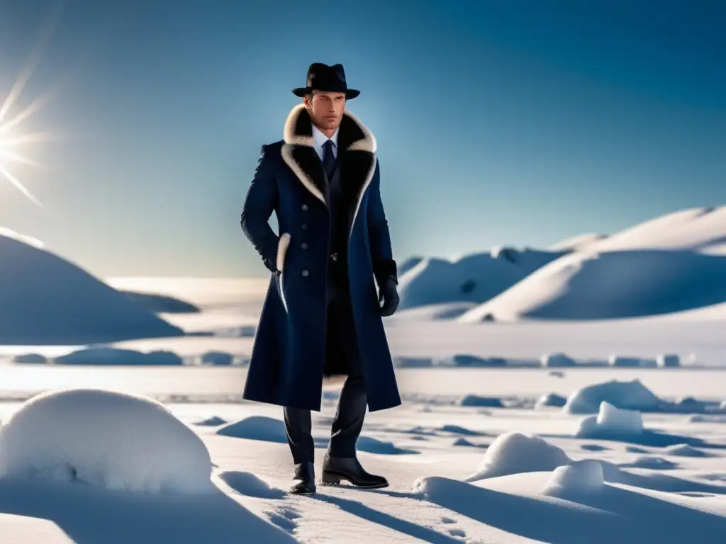 Moda masculina estilo ártico elegante: modelo en traje negro y abrigo azul en paisaje nevado, con sombrero y guantes de cuero negro, bajo luz etérea