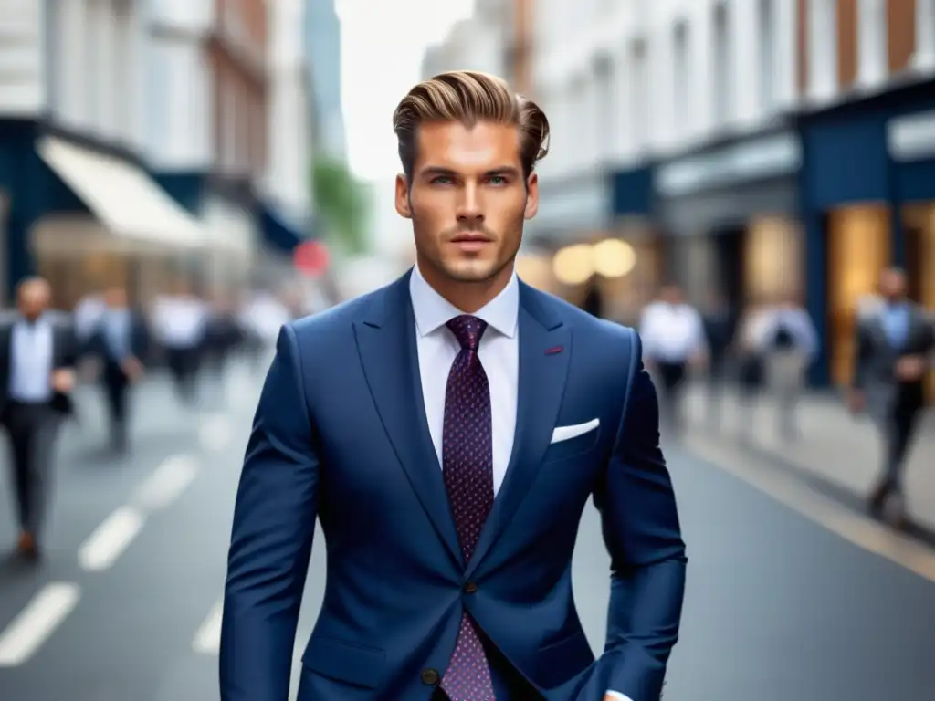 Modelo masculino elegante en traje azul marino con camisa blanca y corbata vibrante, resalta la importancia de la moda masculina