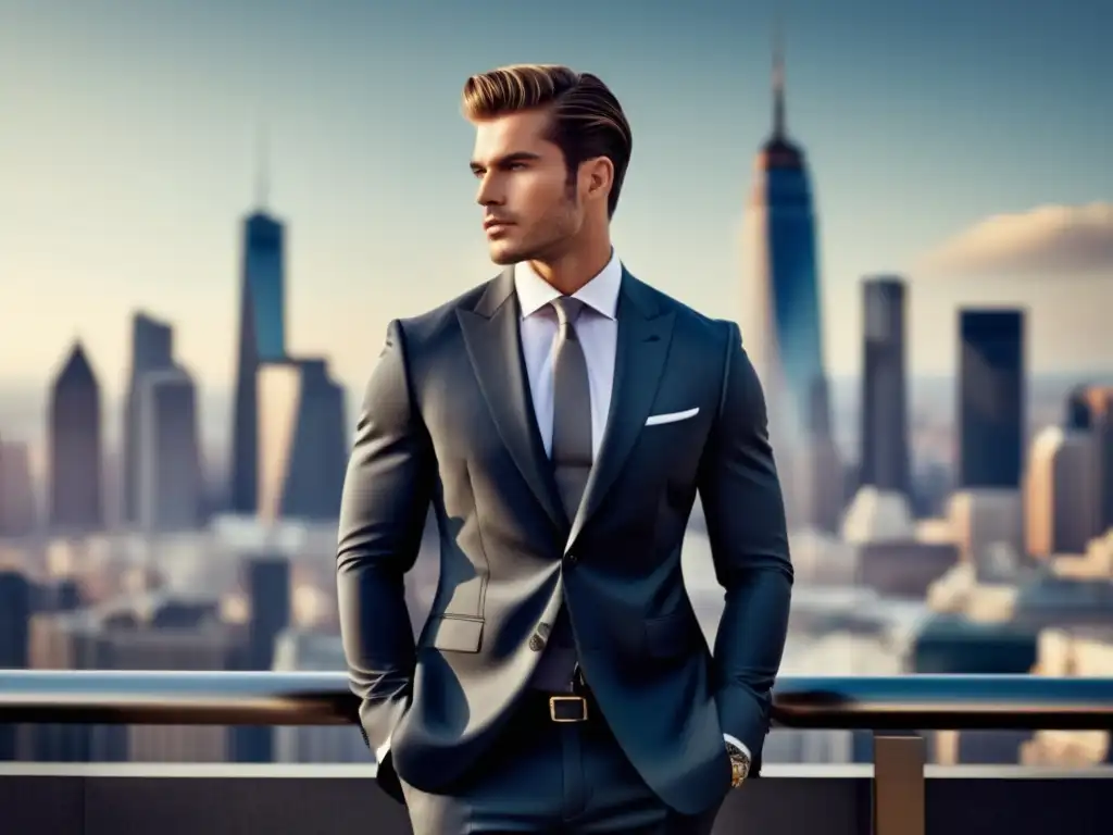 Influencia publicidad moda masculina: modelo elegante en ciudad