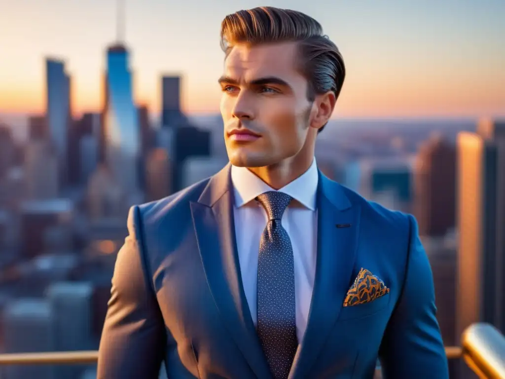 Fotografía estilo masculino: moda urbana y elegancia con modelo en traje, ciudad vibrante y atardecer dorado