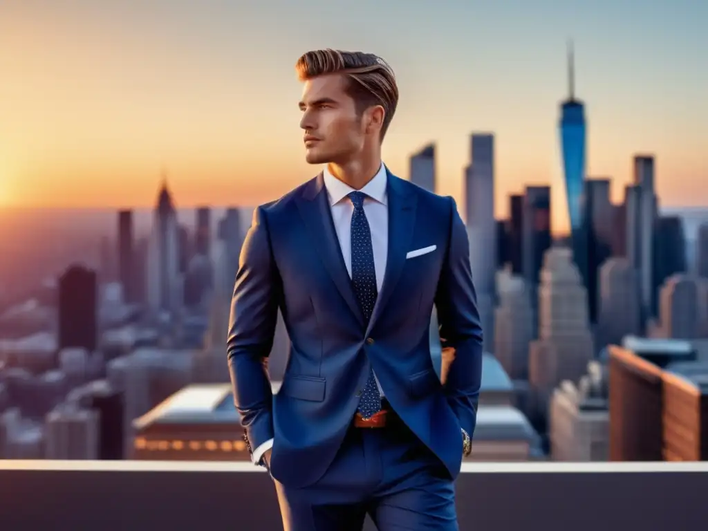 Tendencias moda masculina 2022: modelo elegante en ciudad vibrante al atardecer