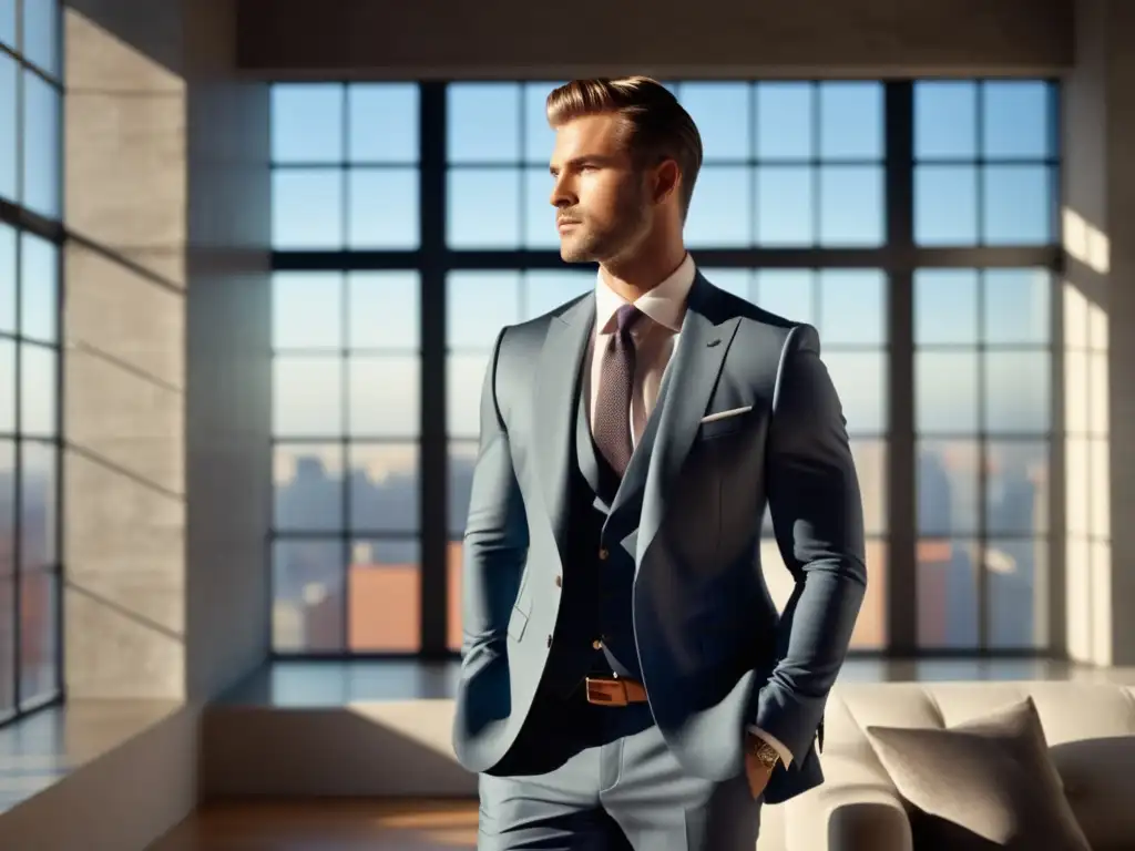 Modelo masculino ético en publicidad de moda, elegante y profesional en un loft moderno