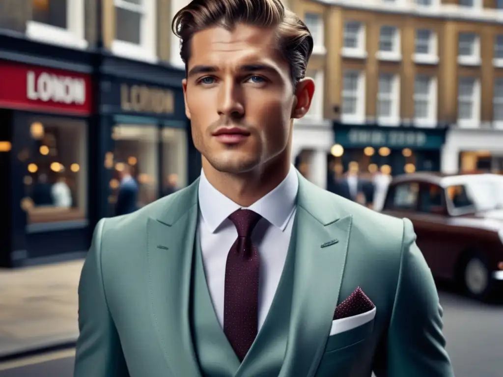 Influencia moda británica: modelo masculino elegante en Londres, con traje tres piezas, camisa blanca y accesorios clásicos