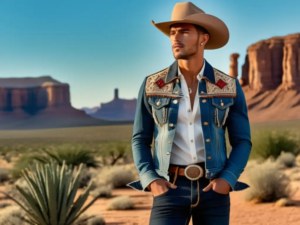 Modelo masculino en paisaje desértico, estilo cowboy de moda