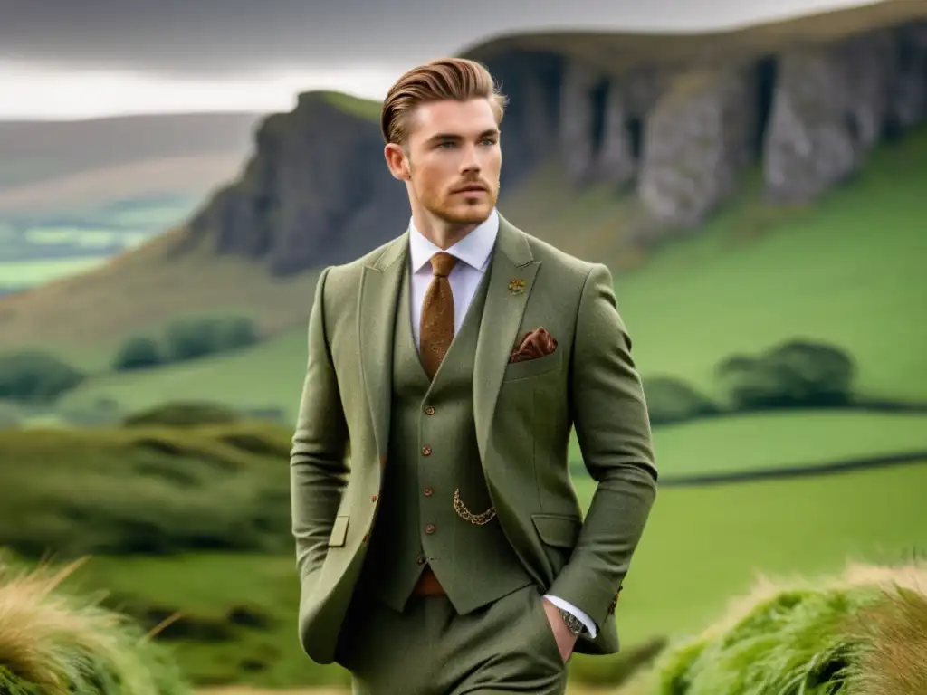 Tendencias moda masculina estilo irlandés: modelo masculino en traje tweed celta frente a paisajes verdes irlandeses